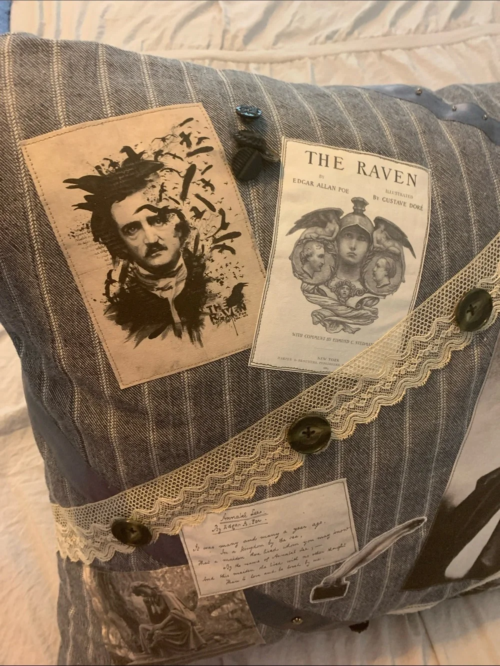 Decorative Edgar Allan Poe Striped Accent Pillow with Lace & Buttons